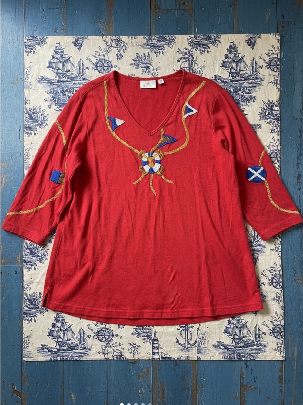 Quacker Factory Red nautical Top with Embroidered Accent